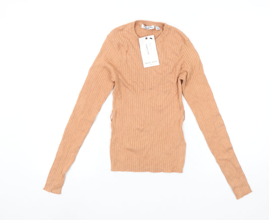 Brave Soul Women's Beige Ribbed Knit Crew Neck Pullover Jumper XS