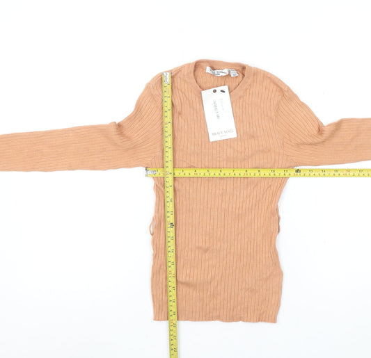 Brave Soul Women's Beige Ribbed Knit Crew Neck Pullover Jumper XS