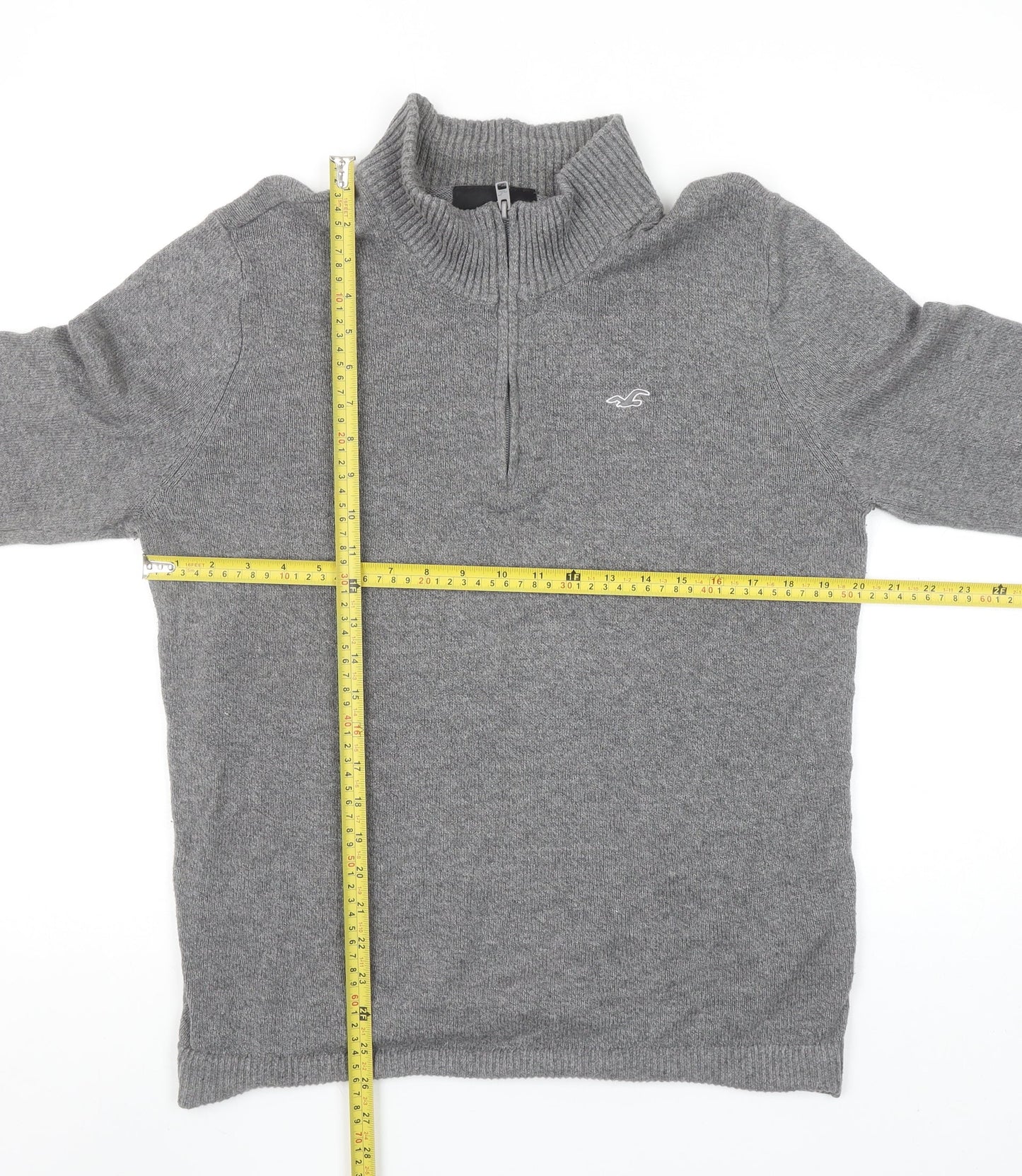 Hollister Men's Grey 1/4 Zip Knit Jumper M High Neck Wool Blend