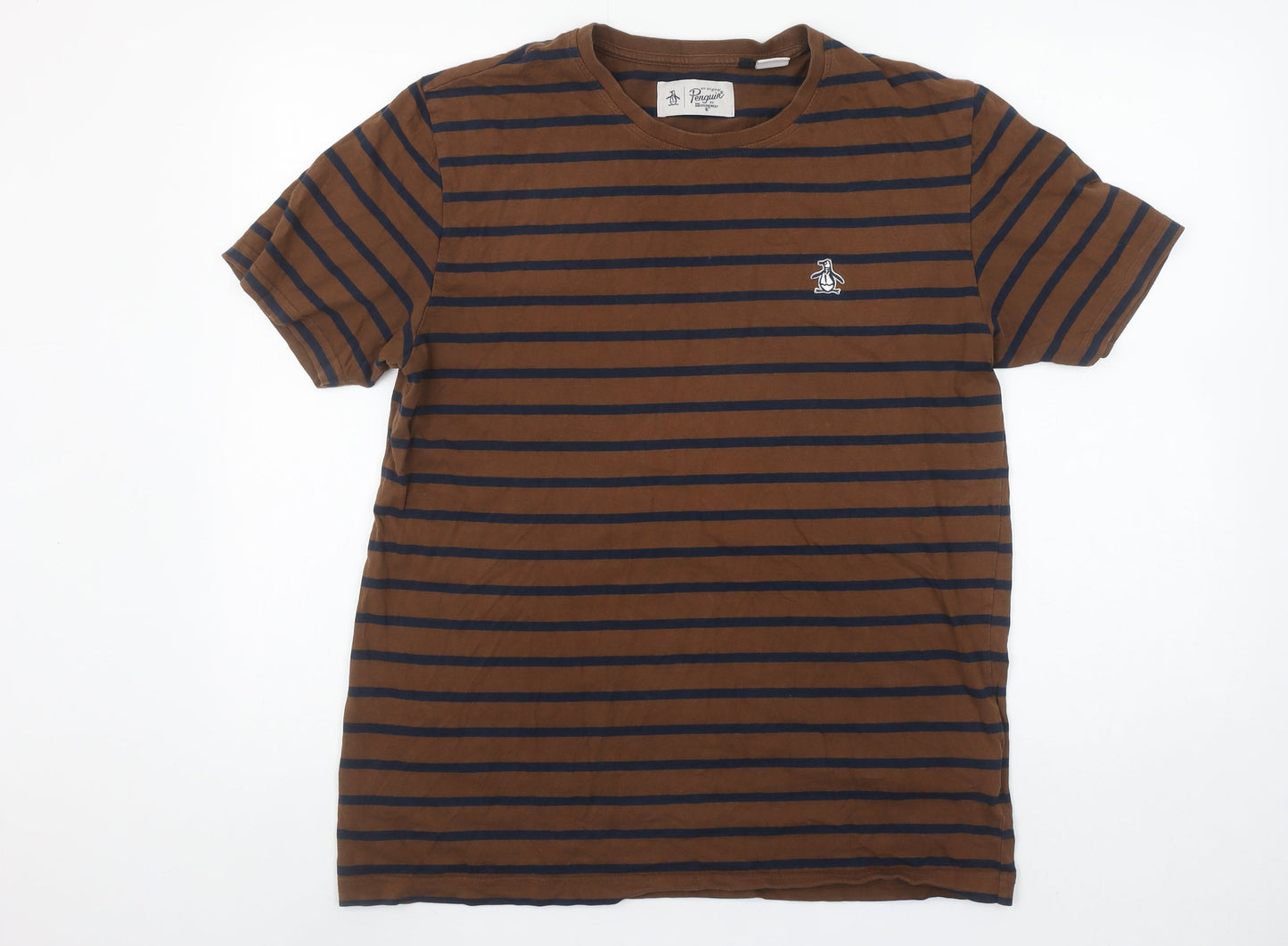 Original Penguin Men's Brown Striped Cotton Crew Neck T-Shirt Size L