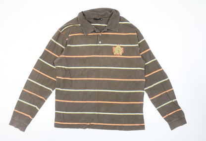 Quiksilver Men's Brown Striped Long Sleeve Cotton Polo Shirt XL