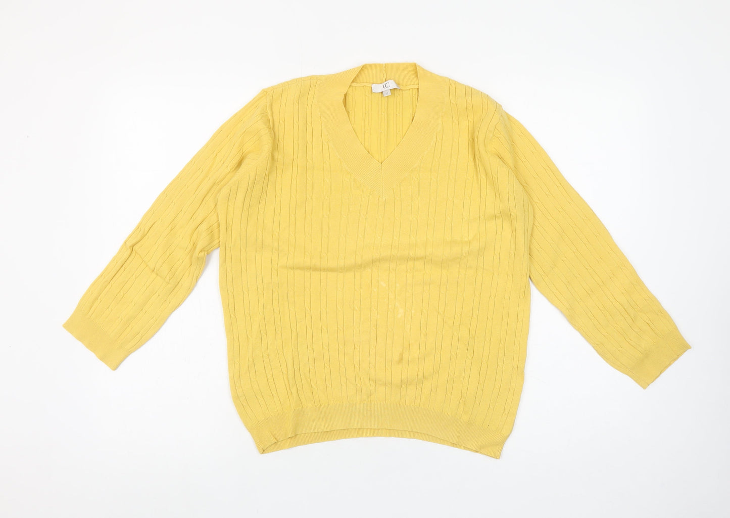 CC Women's Yellow V-Neck Cable-Knit Cotton Blend Jumper Size M