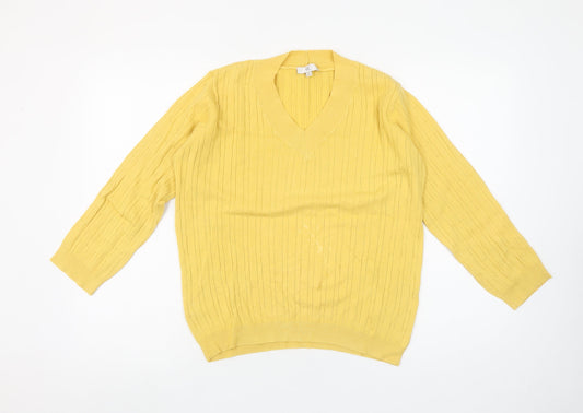 CC Women's Yellow V-Neck Cable-Knit Cotton Blend Jumper Size M