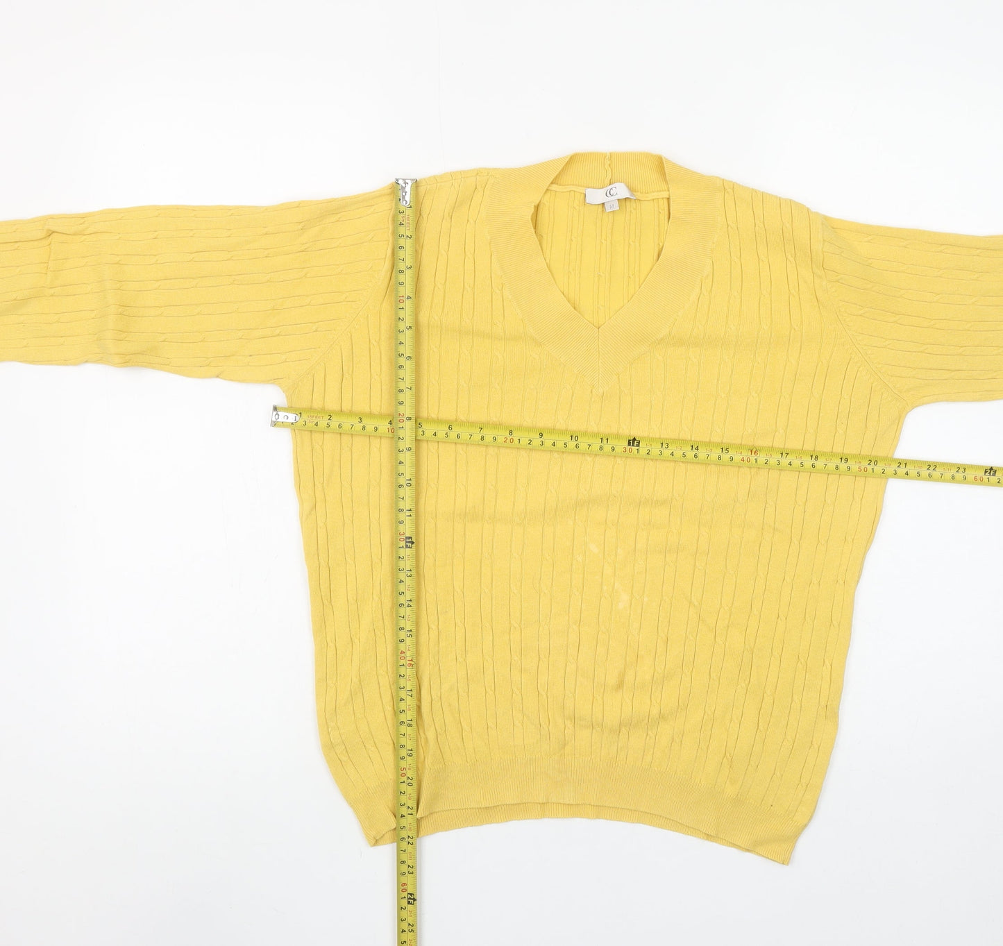 CC Women's Yellow V-Neck Cable-Knit Cotton Blend Jumper Size M