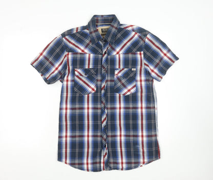 Jack & Jones Men's Blue Plaid Cotton Short Sleeve Button-Up Shirt M