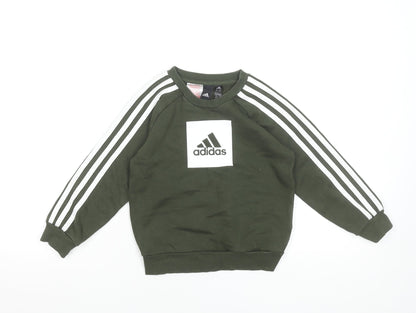 Adidas Boys Green Sweatshirt 5-6 Years Crew Neck Pullover Logo Sportswear