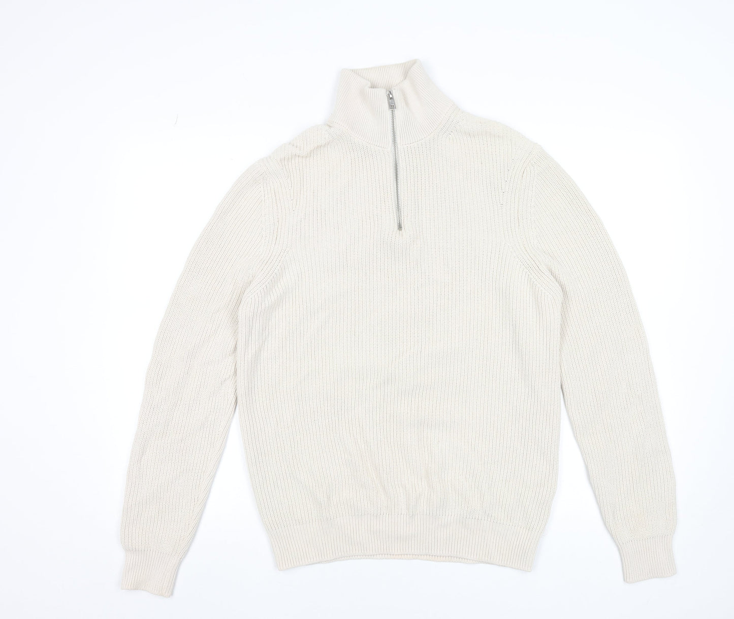 ZARA Men Beige 1/2 Zip High Neck Cotton Jumper M