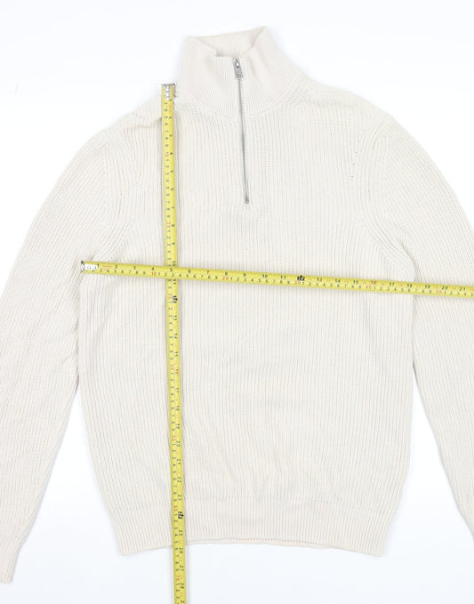 ZARA Men Beige 1/2 Zip High Neck Cotton Jumper M