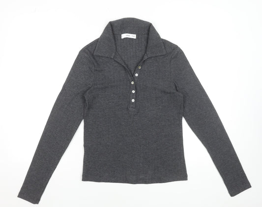 MNG Womens Grey Long Sleeve Collared Button-Up Top Size M