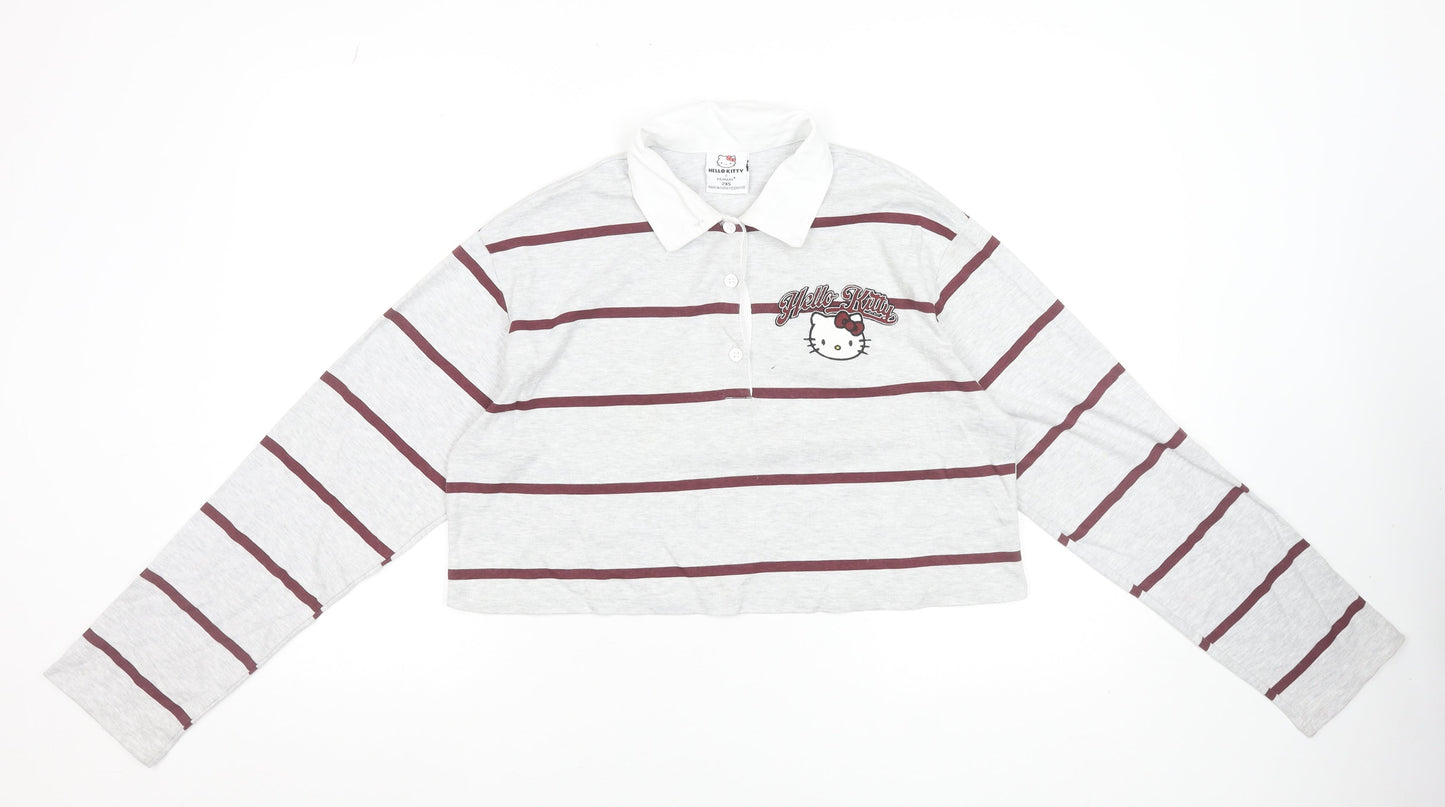 Hello Kitty x Primark Women's Grey Striped Cropped Polo Top 2XS