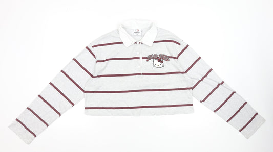 Hello Kitty x Primark Women's Grey Striped Cropped Polo Top 2XS