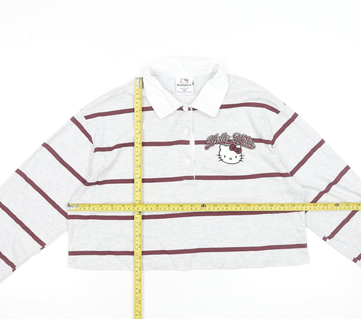 Hello Kitty x Primark Women's Grey Striped Cropped Polo Top 2XS