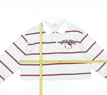 Hello Kitty x Primark Women's Grey Striped Cropped Polo Top 2XS