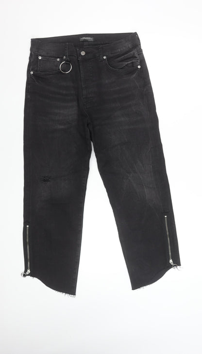 Zara Woman Black Distressed Skinny Jeans with Ankle Zips Size 10