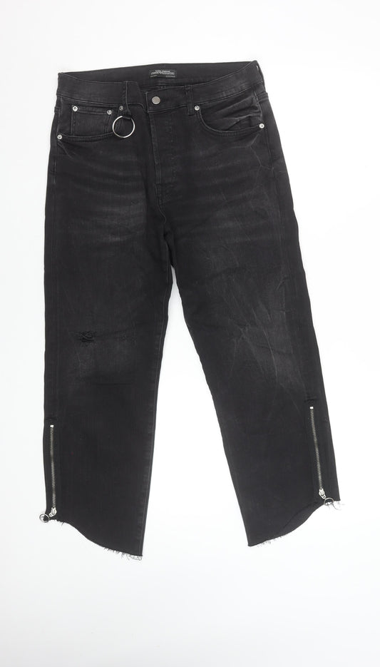 Zara Woman Black Distressed Skinny Jeans with Ankle Zips Size 10