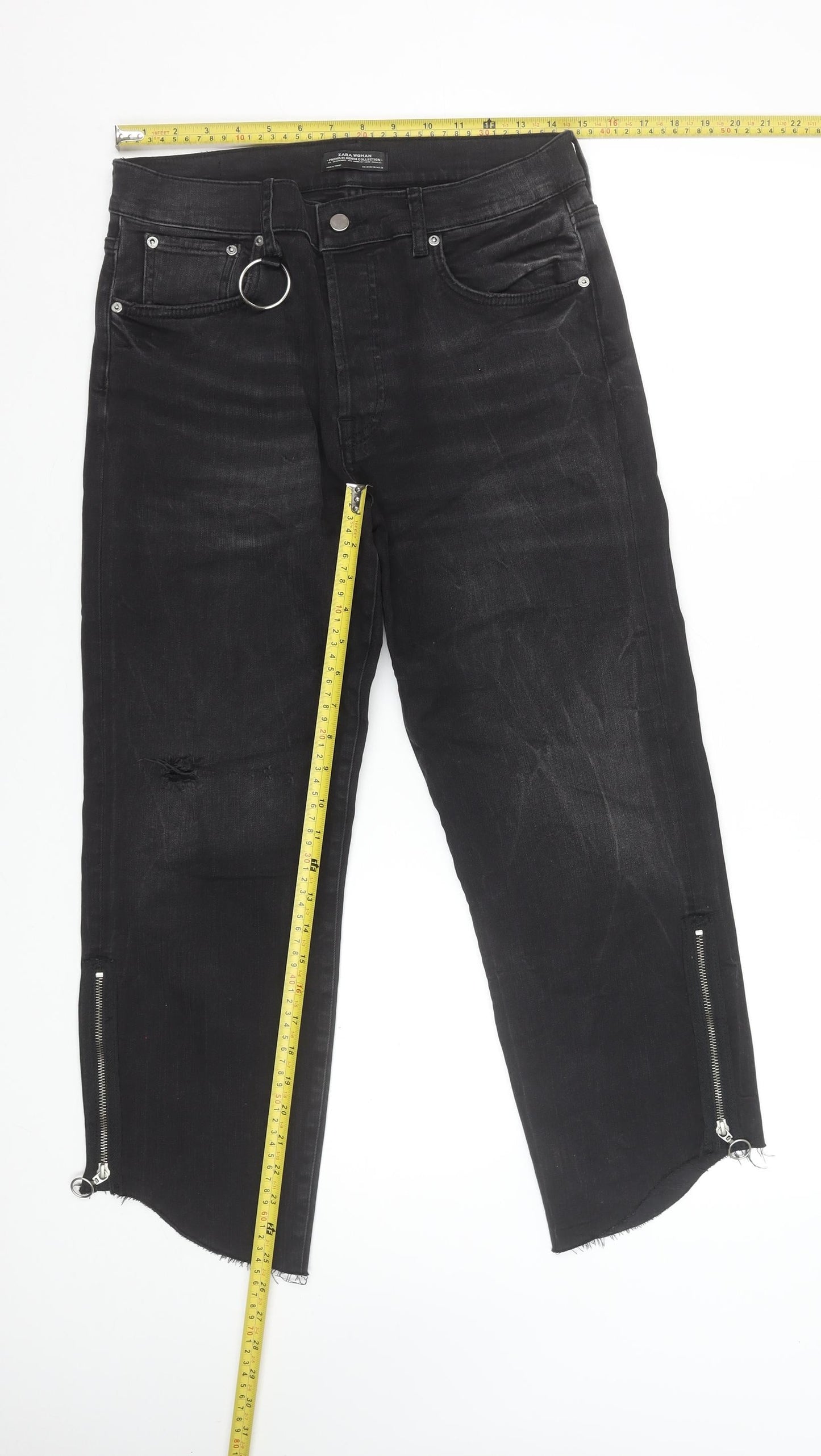 Zara Woman Black Distressed Skinny Jeans with Ankle Zips Size 10