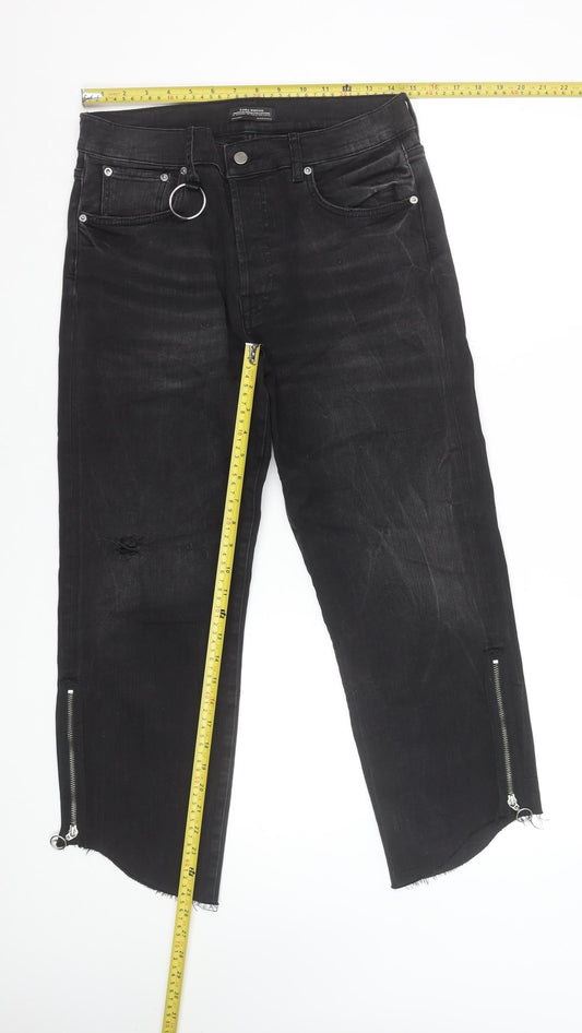 Zara Woman Black Distressed Skinny Jeans with Ankle Zips Size 10