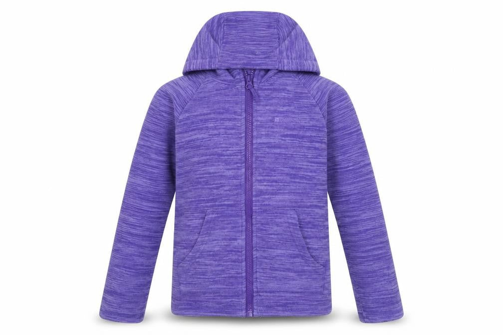 Front view of Mountain Warehouse girls’ purple hooded zip fleece jacket 9-10 years