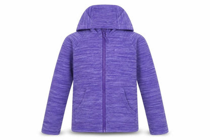 Front view of Mountain Warehouse girls’ purple hooded zip fleece jacket 9-10 years