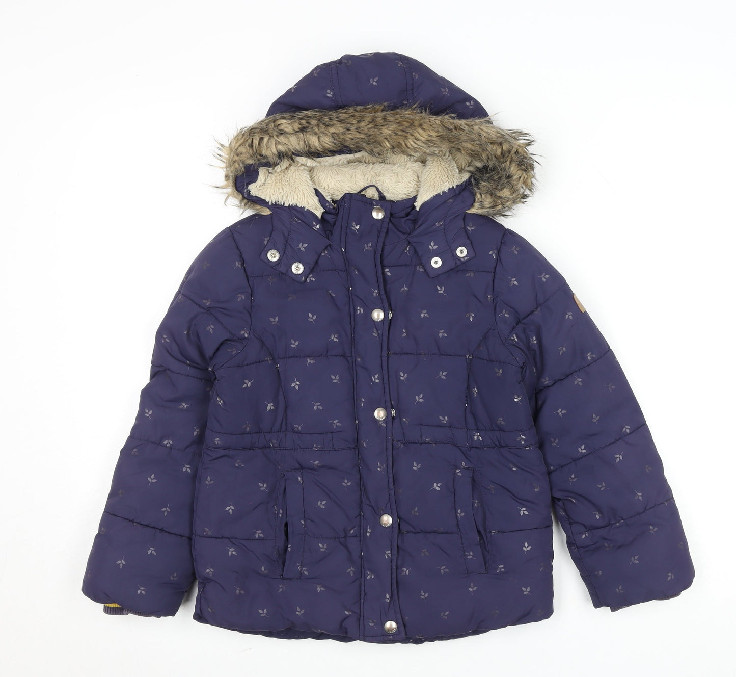 Joules Girls Blue 7-8 Years Hooded Puffer Coat with Faux Fur Trim