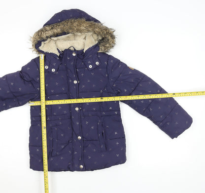 Joules Girls Blue 7-8 Years Hooded Puffer Coat with Faux Fur Trim