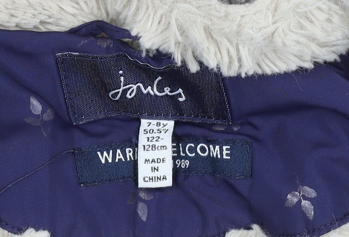 Joules Girls Blue 7-8 Years Hooded Puffer Coat with Faux Fur Trim