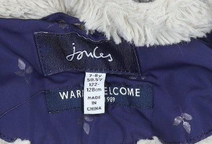 Joules Girls Blue 7-8 Years Hooded Puffer Coat with Faux Fur Trim