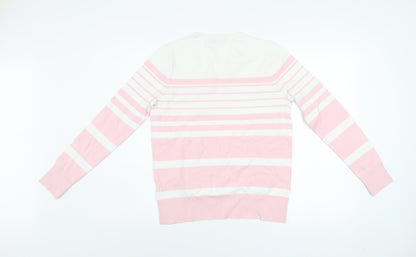 Tommy Hilfiger Men's Pink White Striped V-Neck Cotton Jumper S