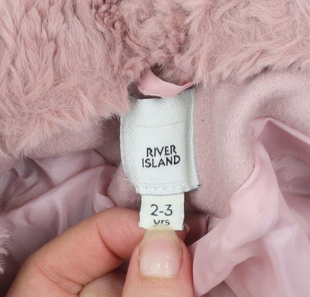 River Island Girls Pink Faux Fur Trim Zip Coat 2-3 Years