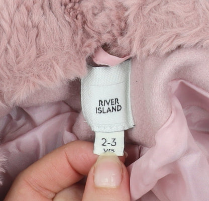 River Island Girls Pink Faux Fur Trim Zip Coat 2-3 Years