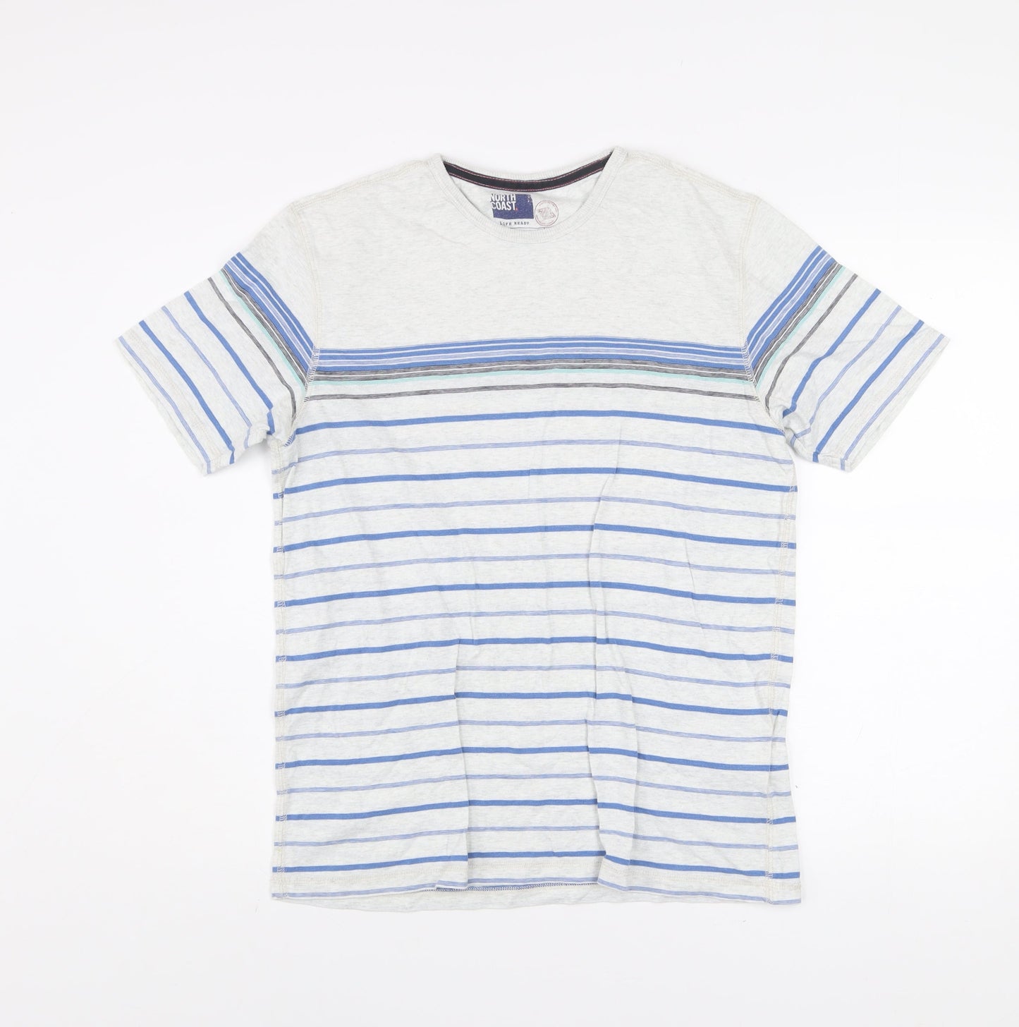Marks and Spencer Men’s Beige Blue Striped Cotton T-Shirt Size S