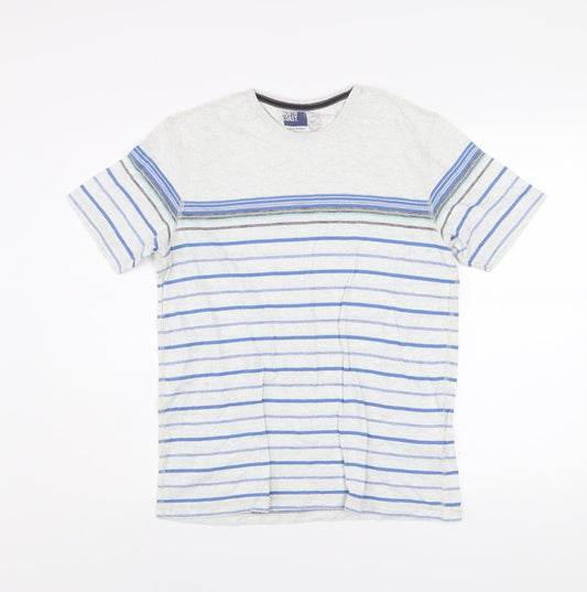 Marks and Spencer Men’s Beige Blue Striped Cotton T-Shirt Size S