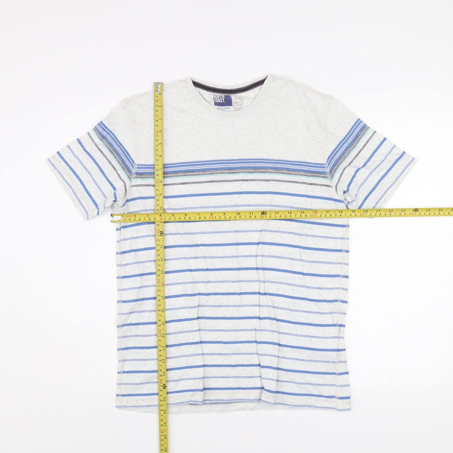 Marks and Spencer Men’s Beige Blue Striped Cotton T-Shirt Size S