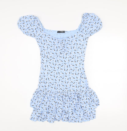 Quiz Women Blue Floral Mini Dress Size 10 Puff Sleeve Ruffle Hem