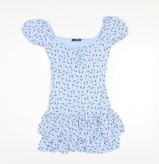 Quiz Women Blue Floral Mini Dress Size 10 Puff Sleeve Ruffle Hem