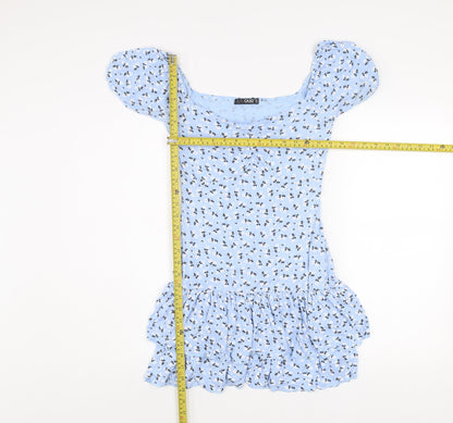 Quiz Women Blue Floral Mini Dress Size 10 Puff Sleeve Ruffle Hem