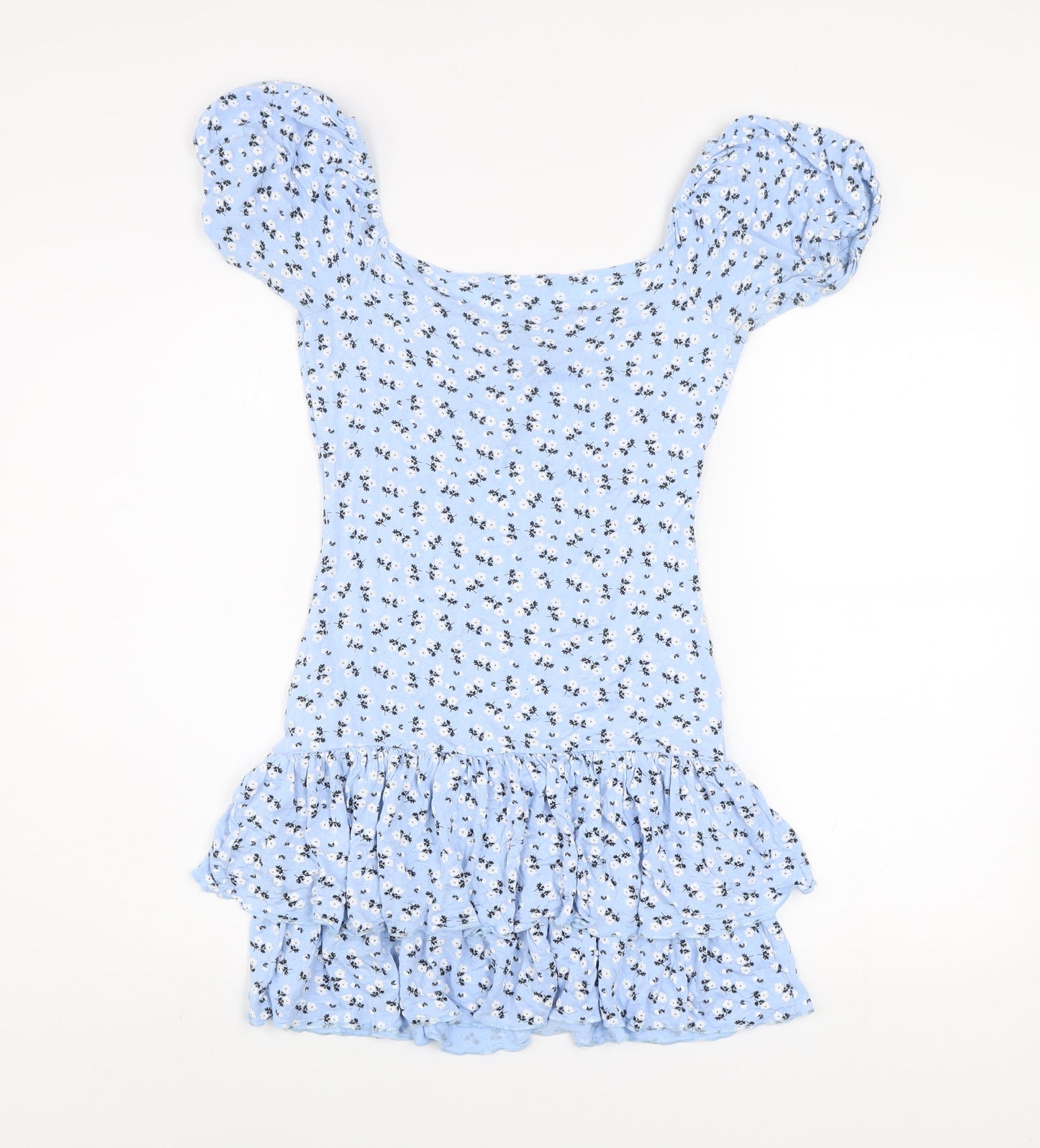 Quiz Women Blue Floral Mini Dress Size 10 Puff Sleeve Ruffle Hem