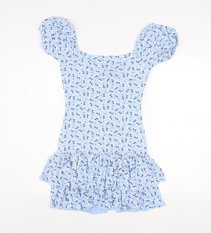 Quiz Women Blue Floral Mini Dress Size 10 Puff Sleeve Ruffle Hem