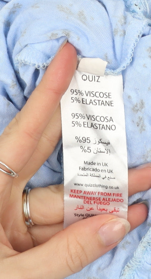 Quiz Women Blue Floral Mini Dress Size 10 Puff Sleeve Ruffle Hem