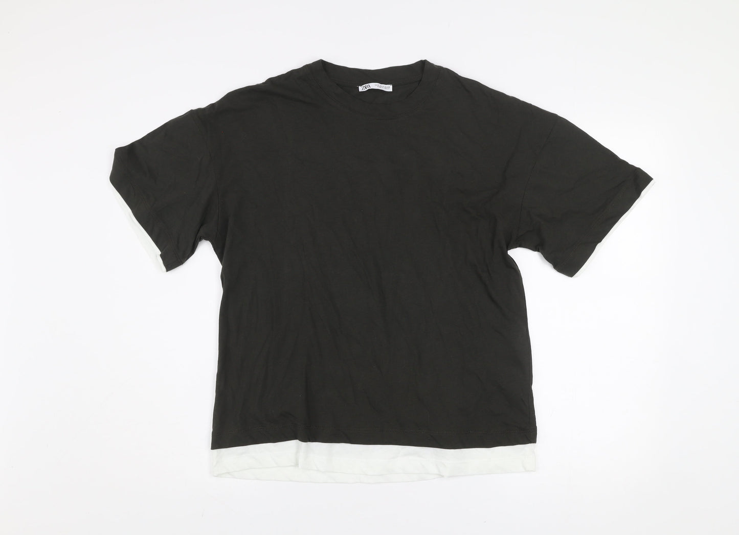 Zara Men Black Cotton Crew Neck Short Sleeve Regular Fit T-Shirt Size S