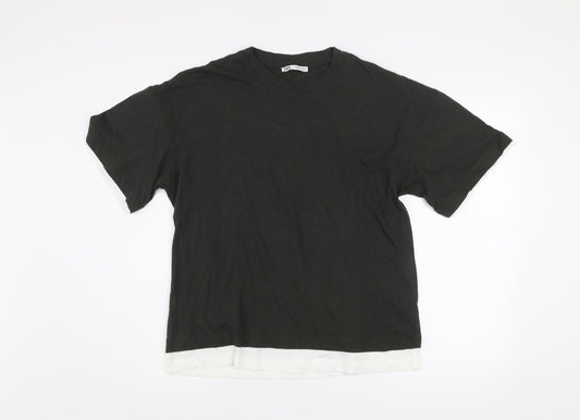 Zara Men Black Cotton Crew Neck Short Sleeve Regular Fit T-Shirt Size S