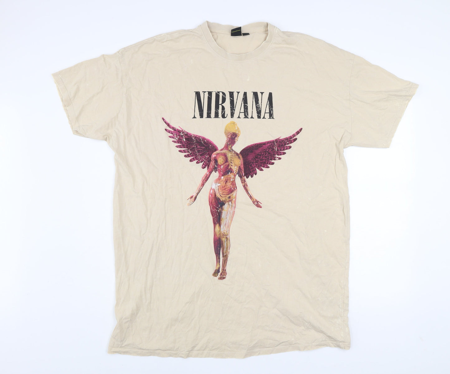Nirvana Men's Beige Band Graphic Short Sleeve Cotton T-Shirt L