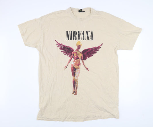 Nirvana Men's Beige Band Graphic Short Sleeve Cotton T-Shirt L