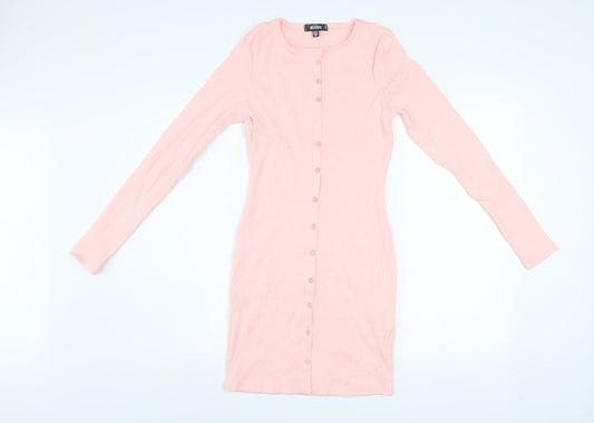 Missguided Women Pink Bodycon Button Dress Size 10 Long Sleeve