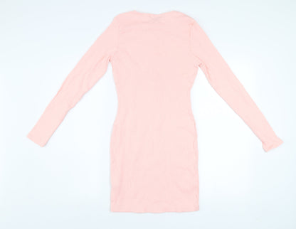 Missguided Women Pink Bodycon Button Dress Size 10 Long Sleeve