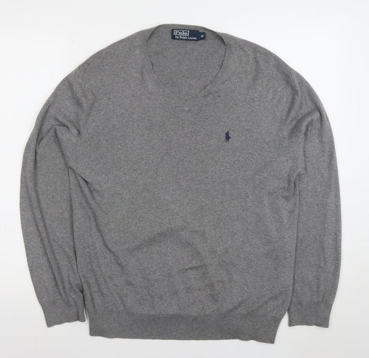 Polo Ralph Lauren Men's Grey Cotton V-Neck Jumper M