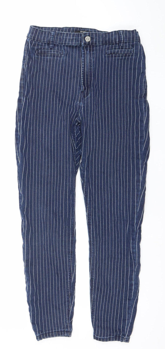 Bershka Women Blue Striped Tapered Jeans Size 14 Relaxed Fit