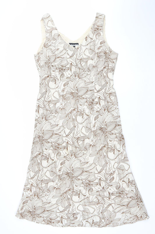Austin Reed Women Beige Floral Linen Shift Dress Size 14 V-Neck Sleeveless