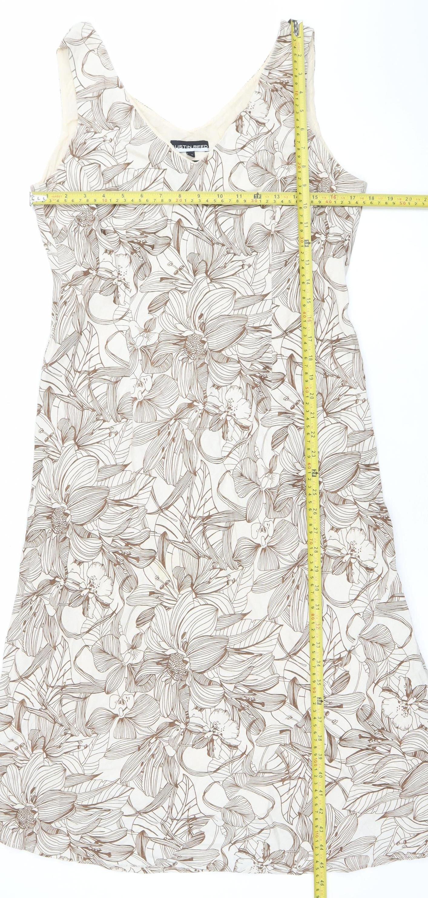 Austin Reed Women Beige Floral Linen Shift Dress Size 14 V-Neck Sleeveless