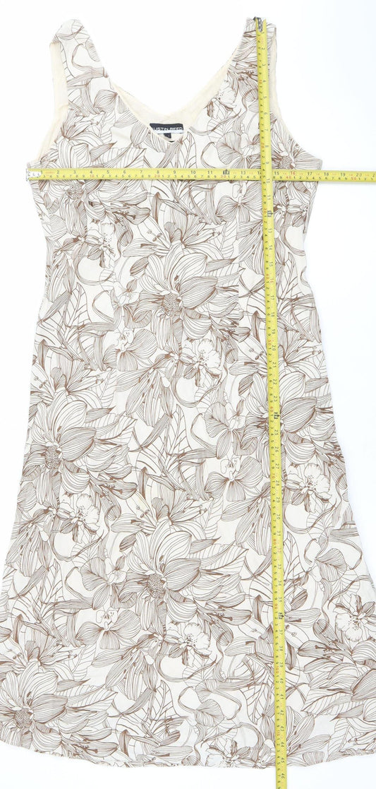 Austin Reed Women Beige Floral Linen Shift Dress Size 14 V-Neck Sleeveless